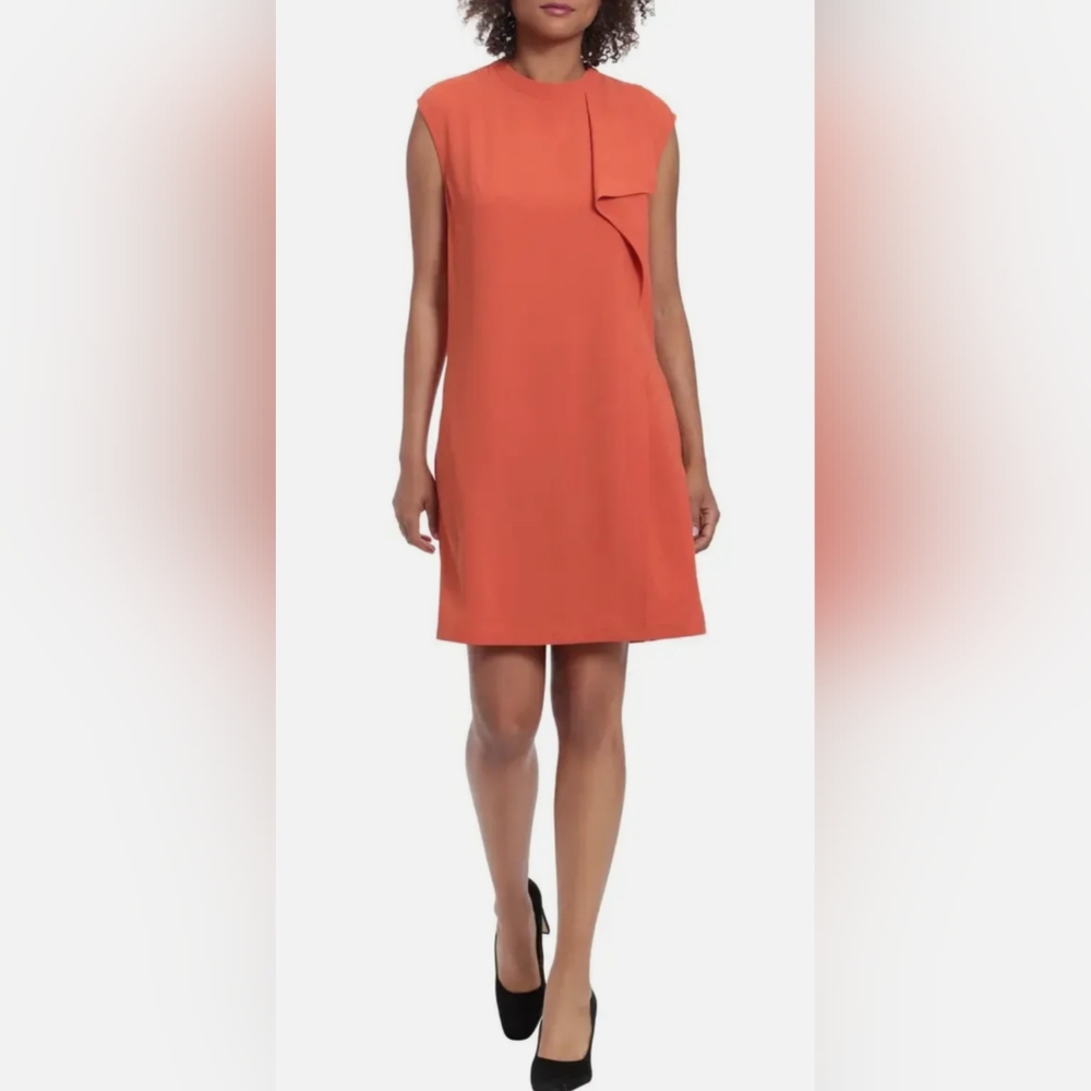 London Times mock neck asymmetrical flutter shift dress
